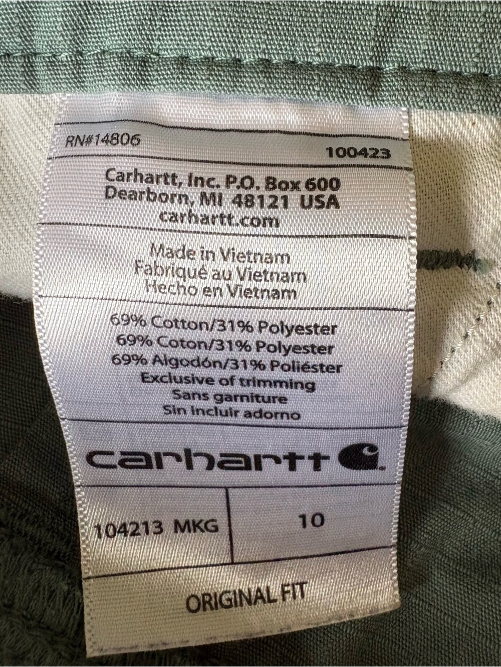 Carhartt Women’s Sage Green Original Fit Roll-Cuff Shorts Size 10 - Picture 3 of 4